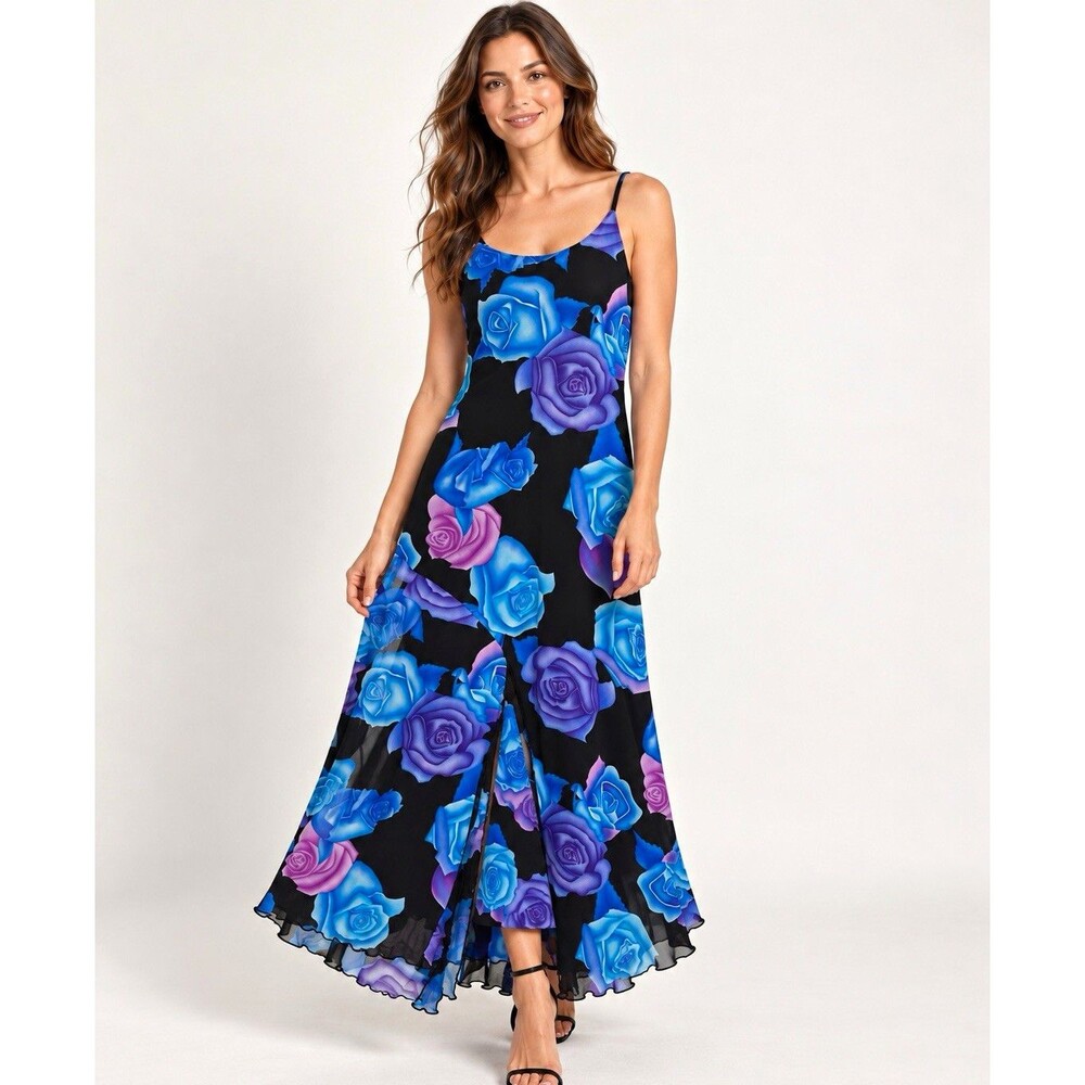 Serendipity Black Blue Purple Floral Chiffon Maxi Dress Spaghetti XL